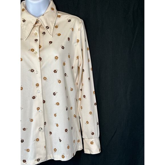 VTG DONNKENNY Cream Ditsy Floral Blouse S/M 60s/70s Retro Groovy Large Collar - Picture 3 of 15